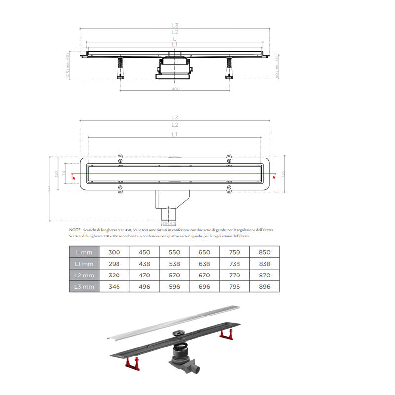 Canalina doccia da 300 mm con griglia inox reversibile