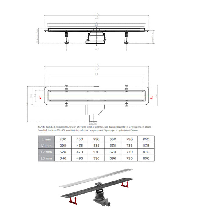 Canalina doccia da 550 mm con griglia inox reversibile