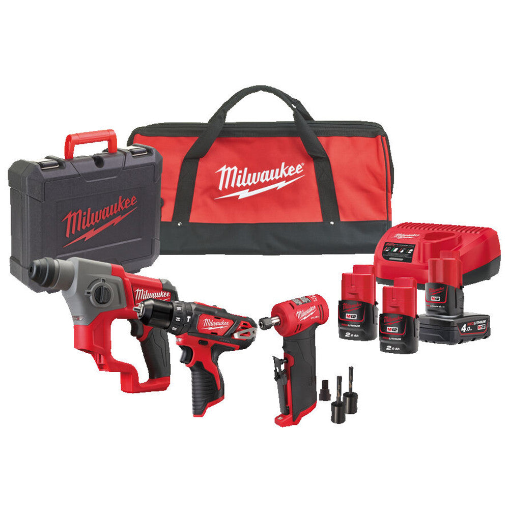 M12 Fpp3B-423B - Kit Trapano Con Percussione + Tassellatore Sds Plus + Mini Smerigliatrice Angolata 12V 