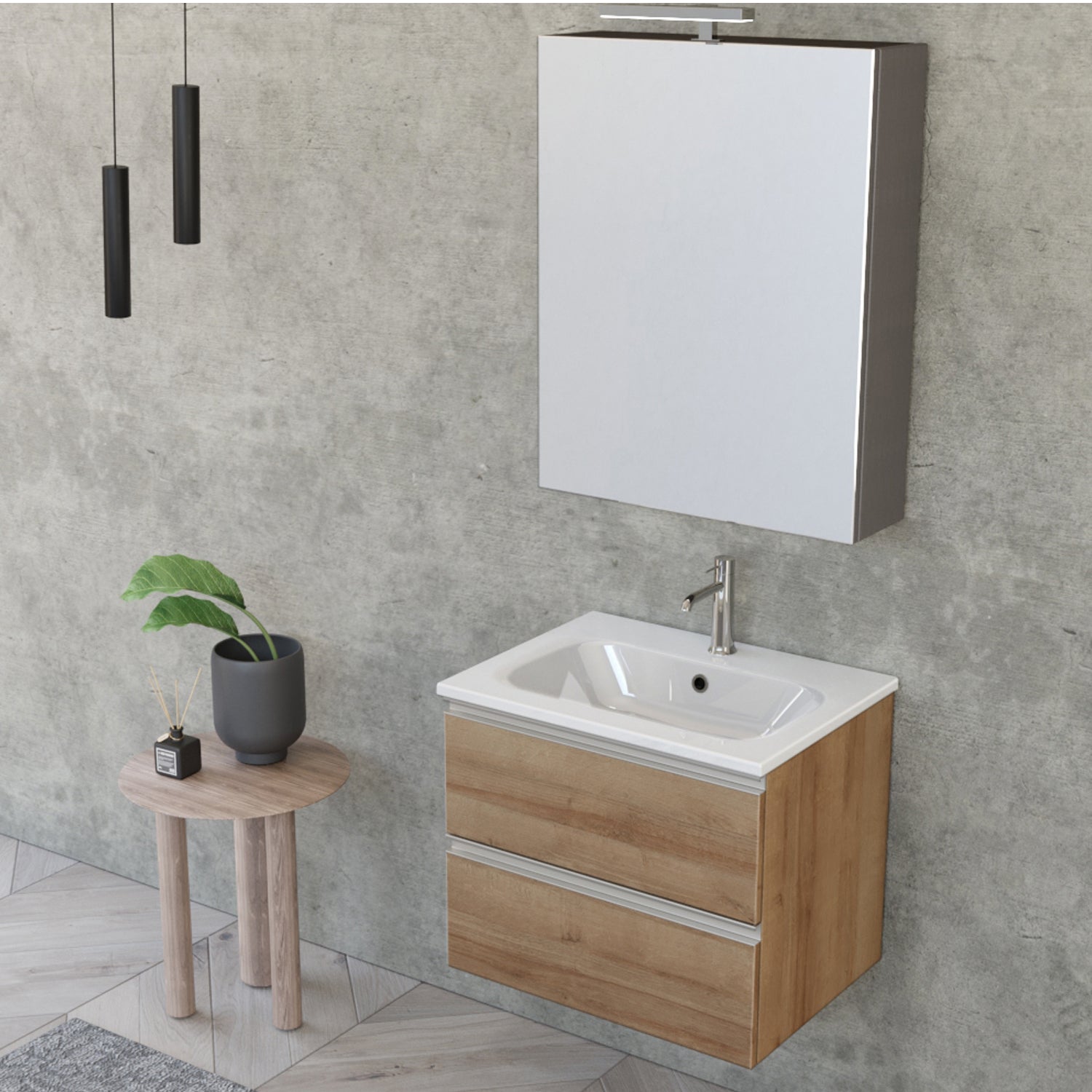 Composizione bagno sospesa Nexu 2 cassetti con lavabo specchio con lampada LED 60x50 cm rovere