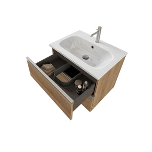 Composizione bagno sospesa Nexu 2 cassetti con lavabo specchio con lampada LED 60x50 cm rovere