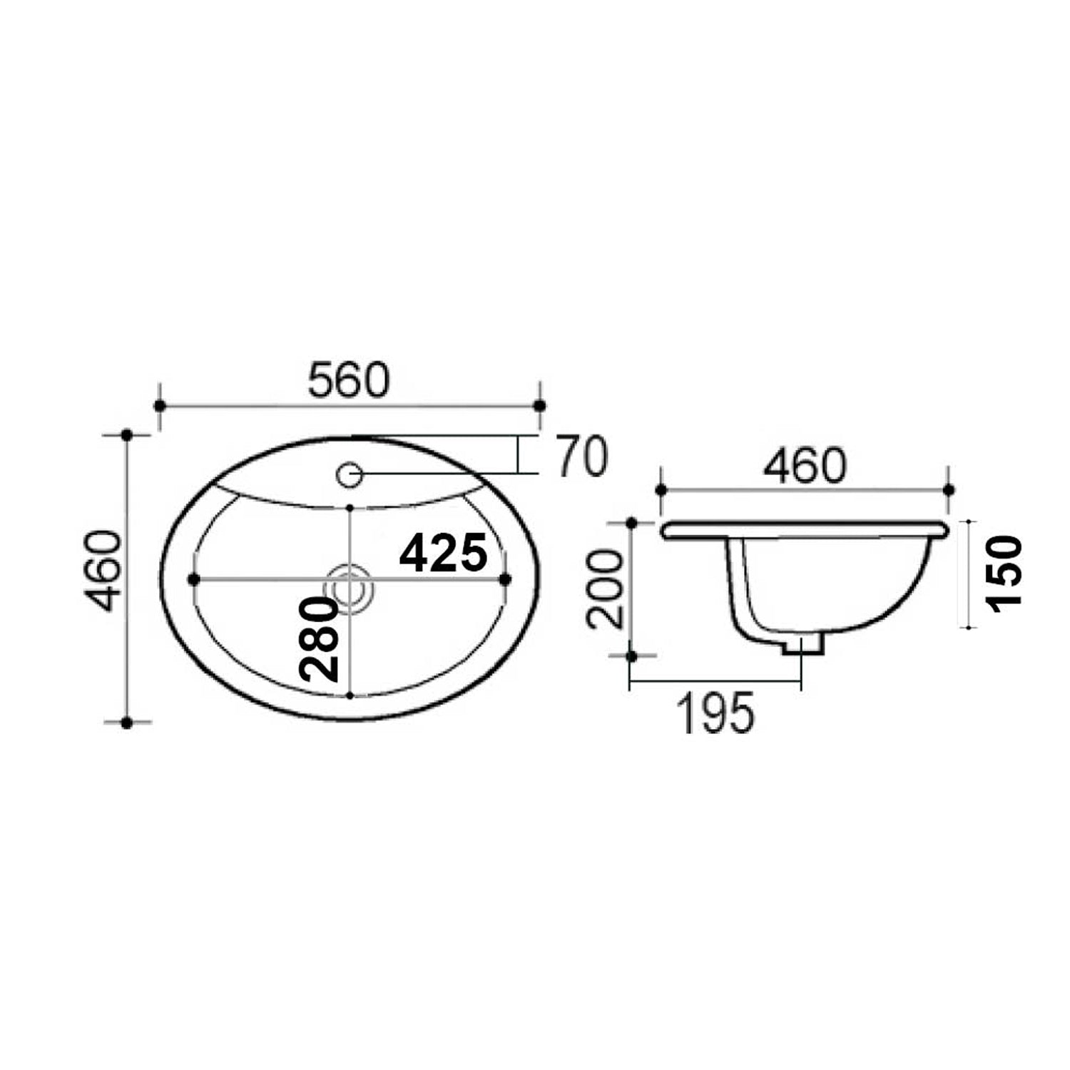 Lavabo incasso ceramica bianca con foro per monocomando 56 x 46 cm