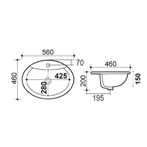 Lavabo incasso ceramica bianca con foro per monocomando 56 x 46 cm