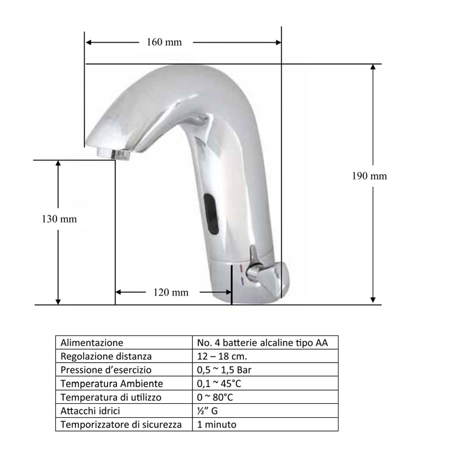 Rubinetto lavabo elettronico con fotocellula e miscelatore incorporato. Alimentazione a batteria