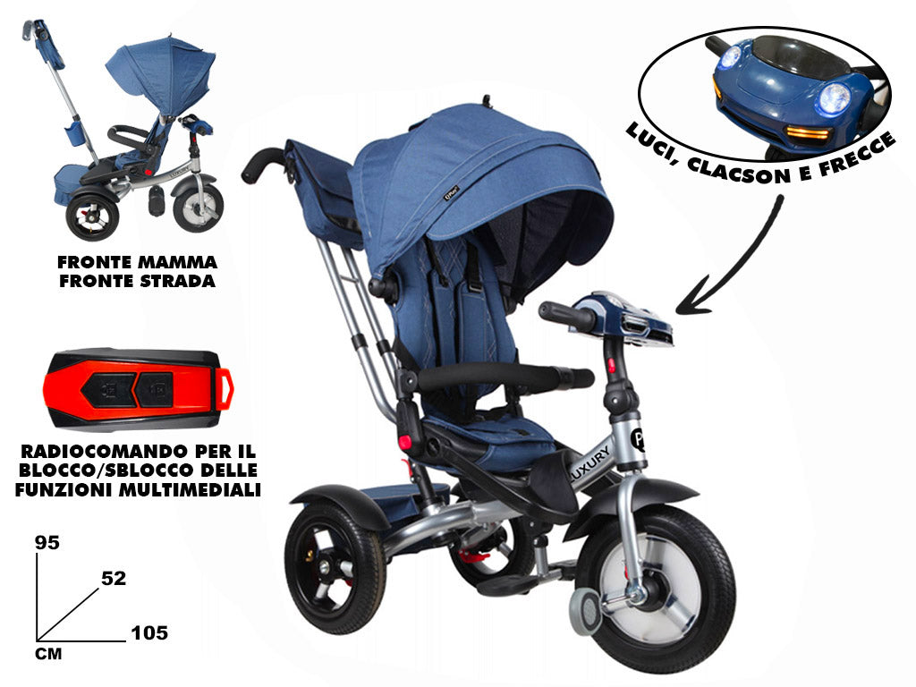 Triciclo Passeggino per Bambini 95x52x105 cm con Seggiolino Reversibile Jolly Blu