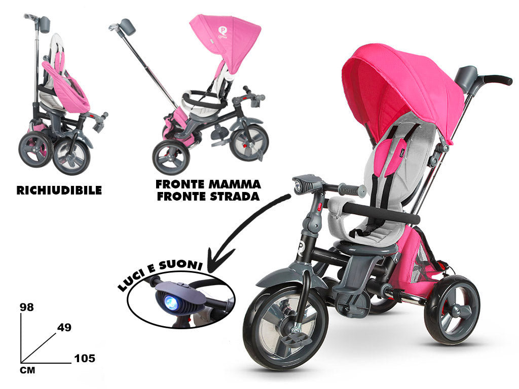 Triciclo Passeggino per Bambini 98x49x105 cm con Seggiolino Reversibile Ciao Rosa