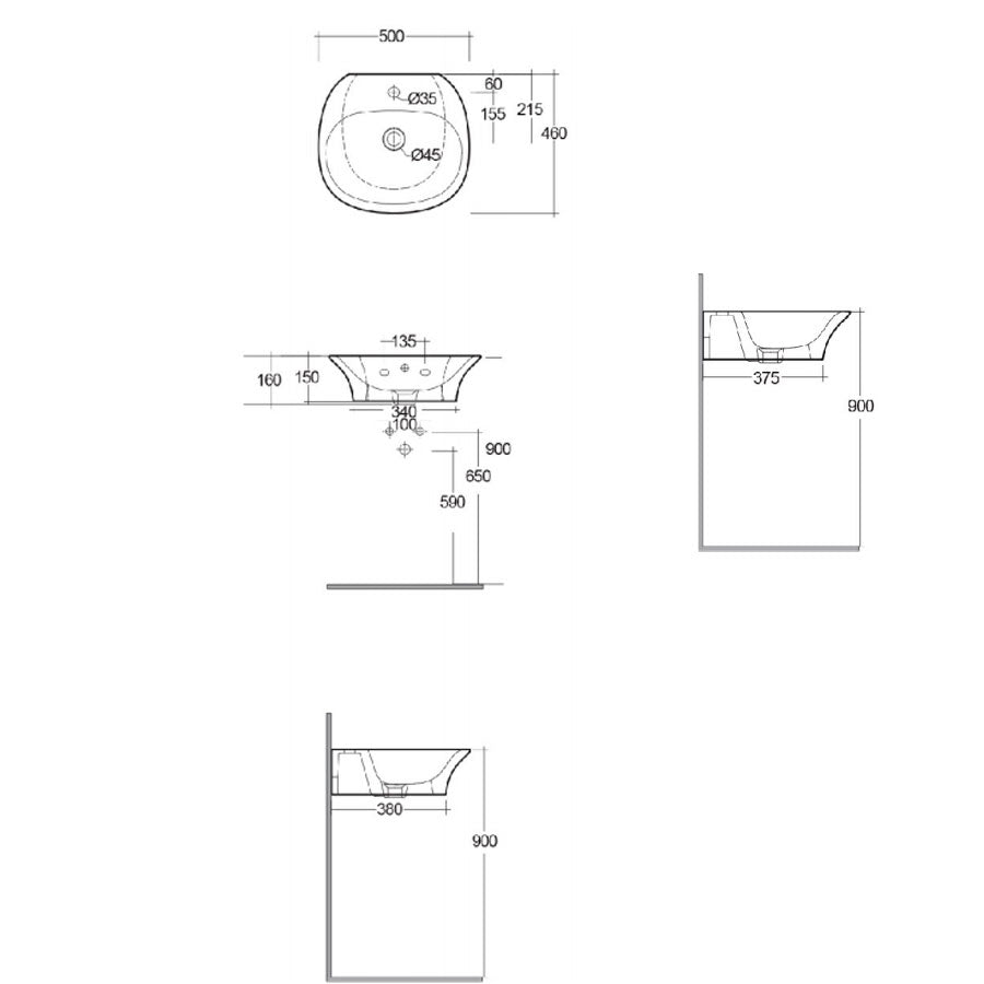 Lavabo sospeso Sensation in ceramica bianca lunghezza 50 cm