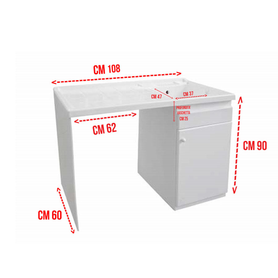 Mobile lavatoio con coprilavatrice 108x60 H.90 in resina adatto all'esterno- Versione con lavatoio a Destra