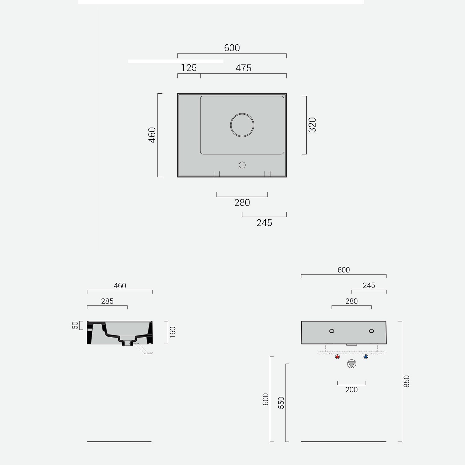 Lavabo lavatrucco monoforo Domus Falerii bianco lucido 60x46 cm con vasca a sinistra