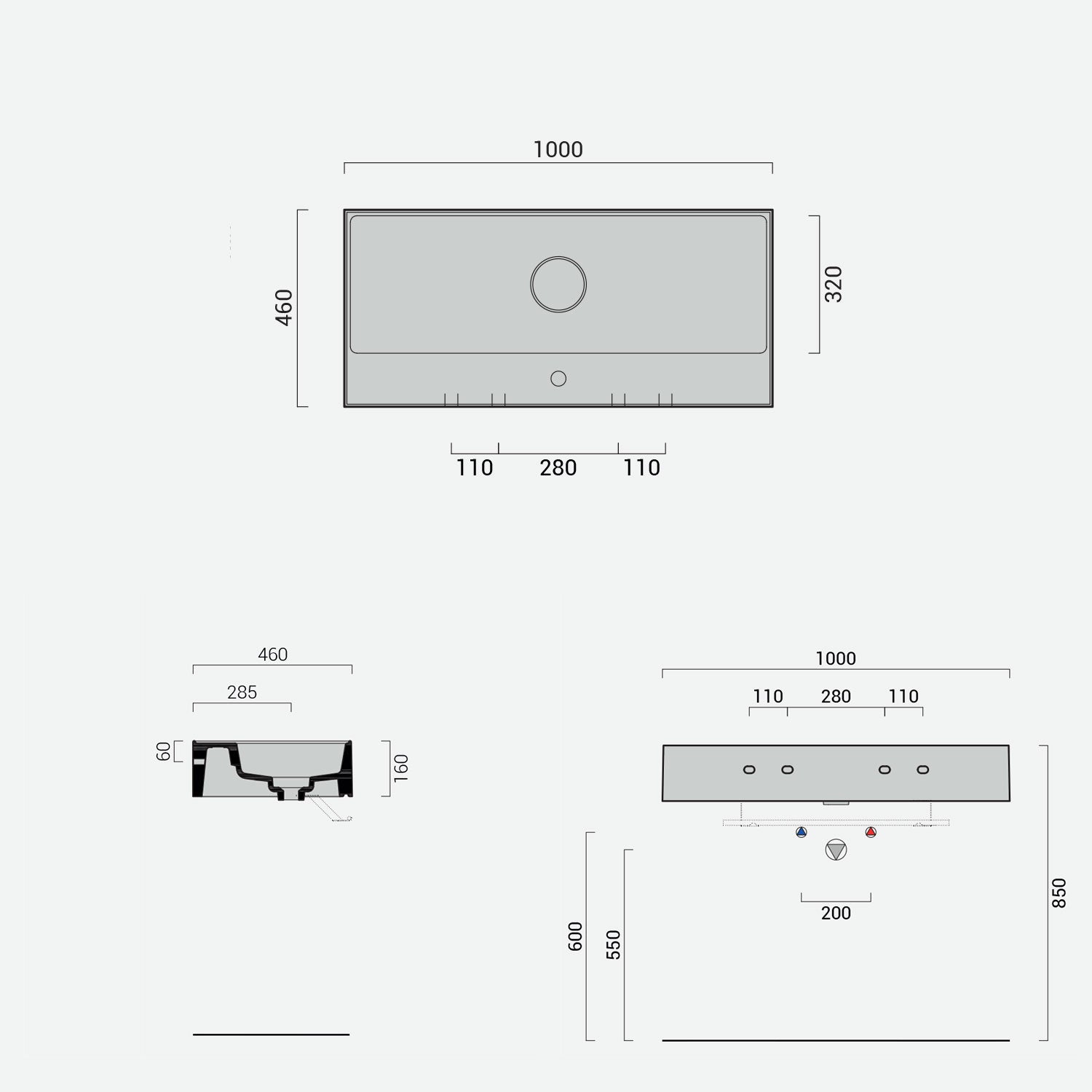 Lavabo lavatrucco Domus Falerii bianco lucido 100x46 cm installazione sospesa o da appoggio