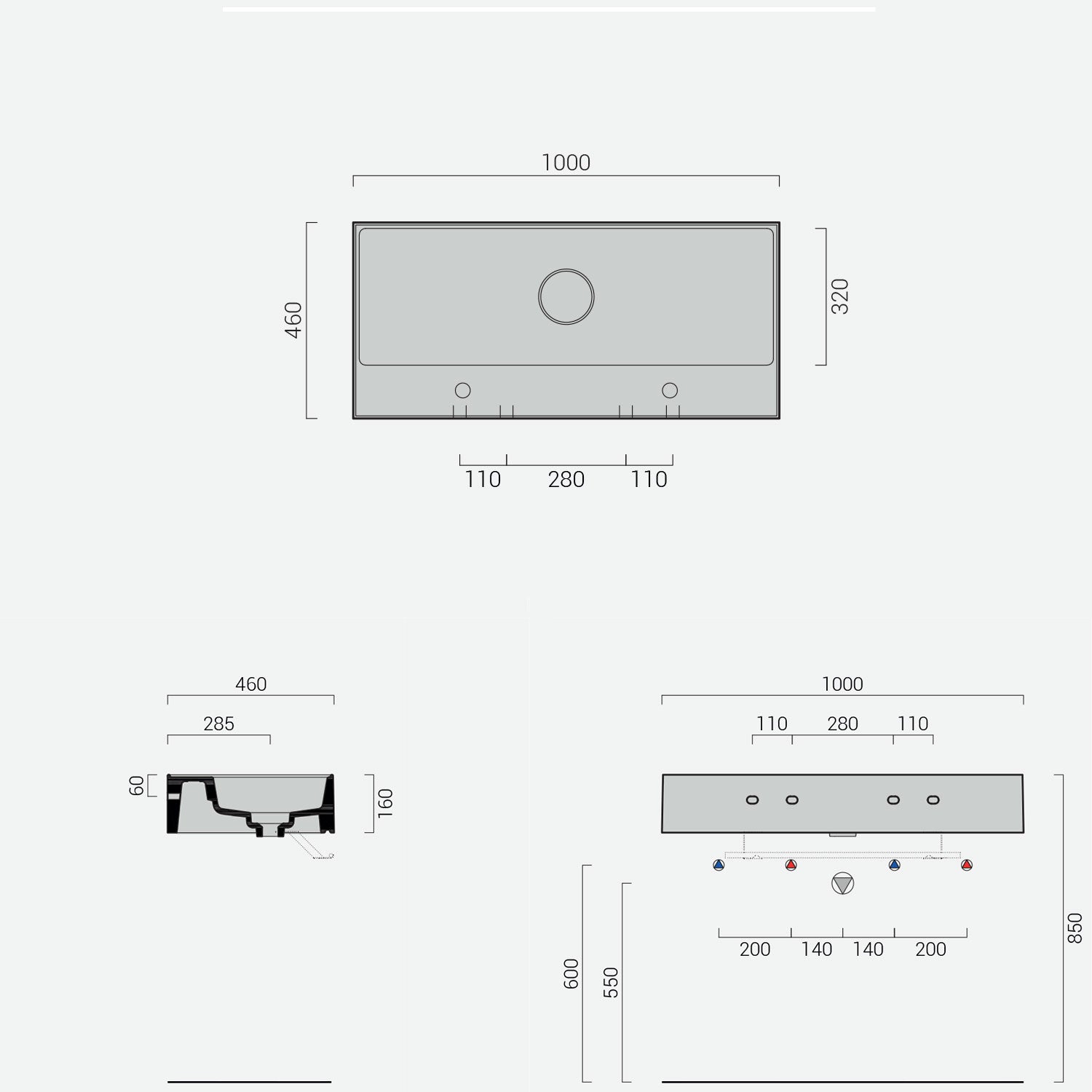 Lavabo lavatrucco doppio rubinetto Domus Falerii 100x46 cm installazione sospesa o da appoggio