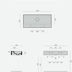 Lavabo lavatrucco doppio rubinetto Domus Falerii 100x46 cm installazione sospesa o da appoggio