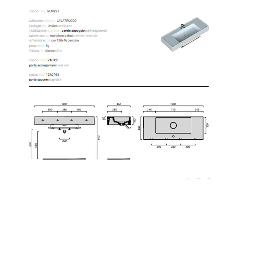 Lavabo lavatrucco vasca centrale Domus Falerii 120x46 cm installazione sospesa o da appoggio