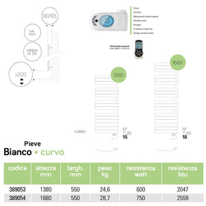 Termoarredo elettrico bianco curvo Lazzarini E-Pieve 1680x550 cm 750 watt