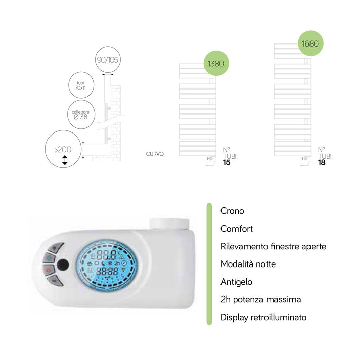 Termoarredo elettrico bianco curvo Lazzarini E-Pieve 1680x550 cm 750 watt