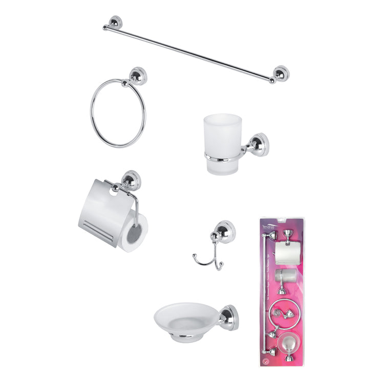 Set accessori bagno 6 pezzi acciaio cromato e vetro satinato stile moderno