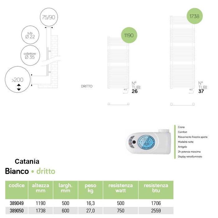 Termoarredo elettrico bianco Lazzarini E-Catania 26 tubi resistenza 500 watt