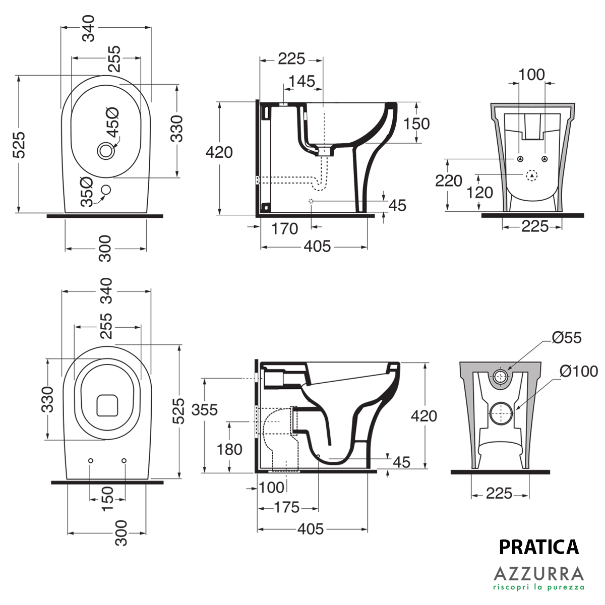 Sanitari Filo parete Pratica Ceramica Azzurra WC + BIDET + SEDILE in OFFERTA filo muro