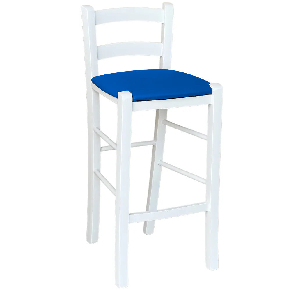 Sgabello legno bianco sedile in similpelle blu h 67 cm da terra alla seduta	