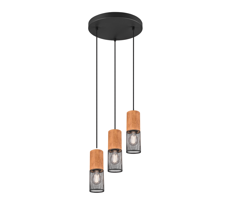 Lampada Sospensione 3 Luci Cilindri Gabbia Metallo Nero Legno cm Tosh GD Trio