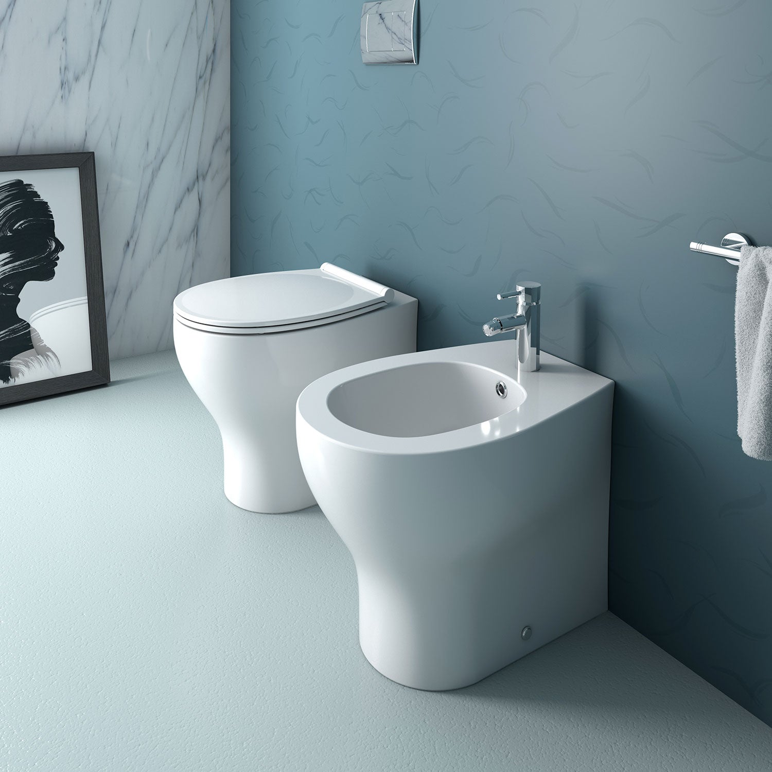 Sanitari filomuro senza brida Innova Denver wc, bidet, sedile soft close