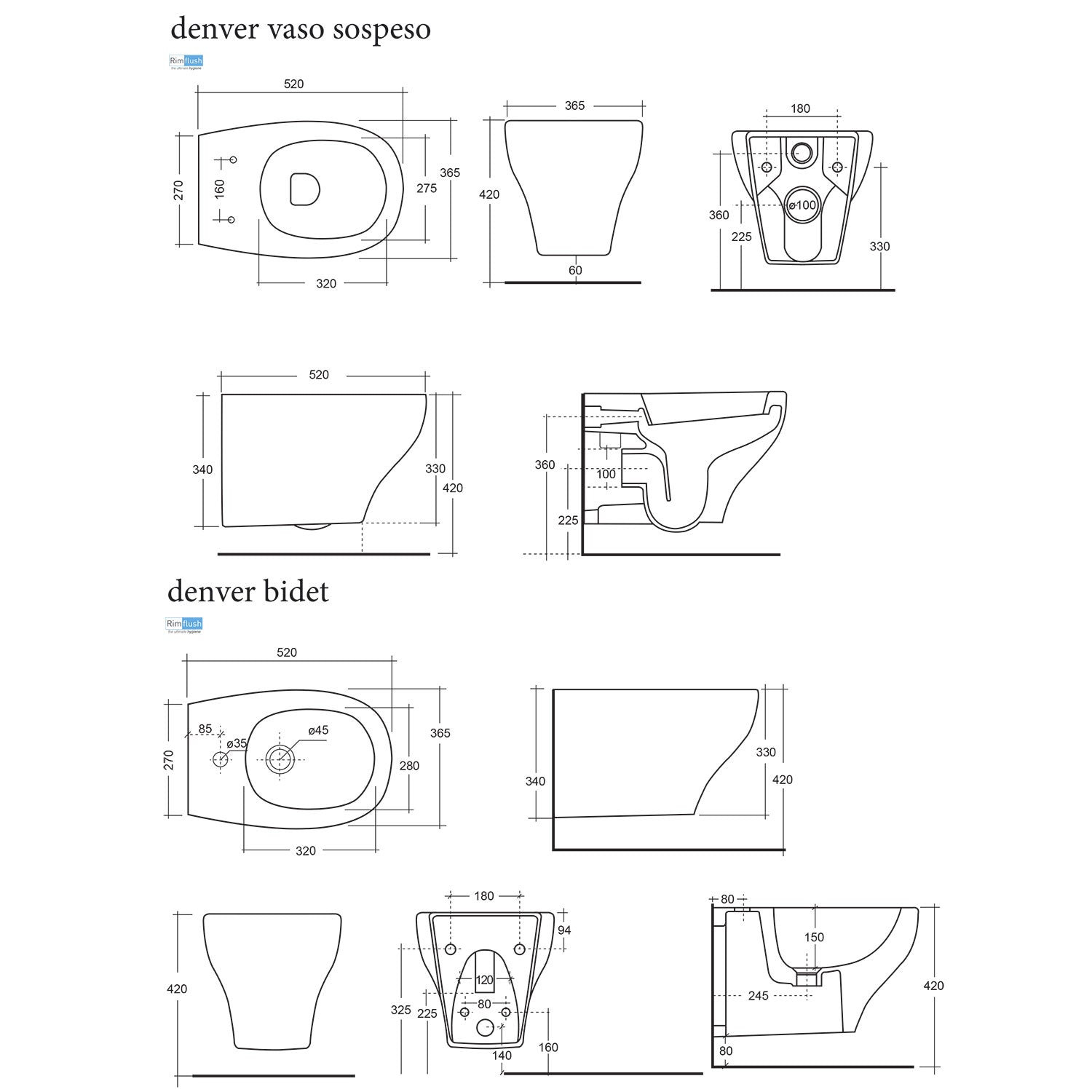 Sanitari sospesi senza brida Sanindusa Denver wc, bidet, sedile soft close