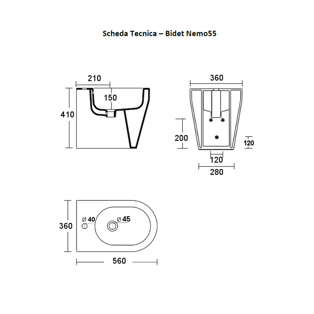 Sanitari filoparete Nero Ceramica modello Nemo 55 senza brida wc, bidet, sedile soft close