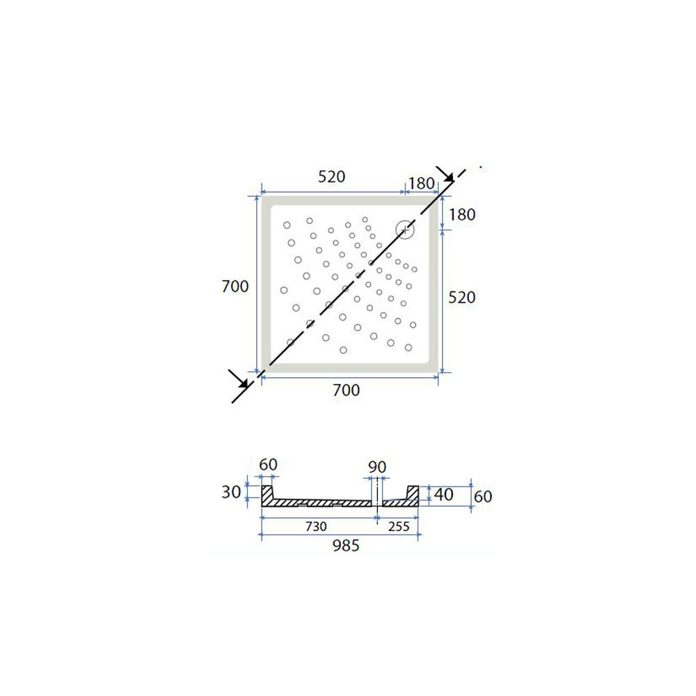 Piatto doccia quadro ceramica bianca 70x70 con altezza 6 cm