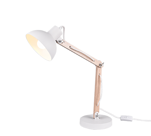 Lampada Tavolo Studio Scrivania Legno e Metallo Bianco 3 Snodi 50cm Kimi GD Trio