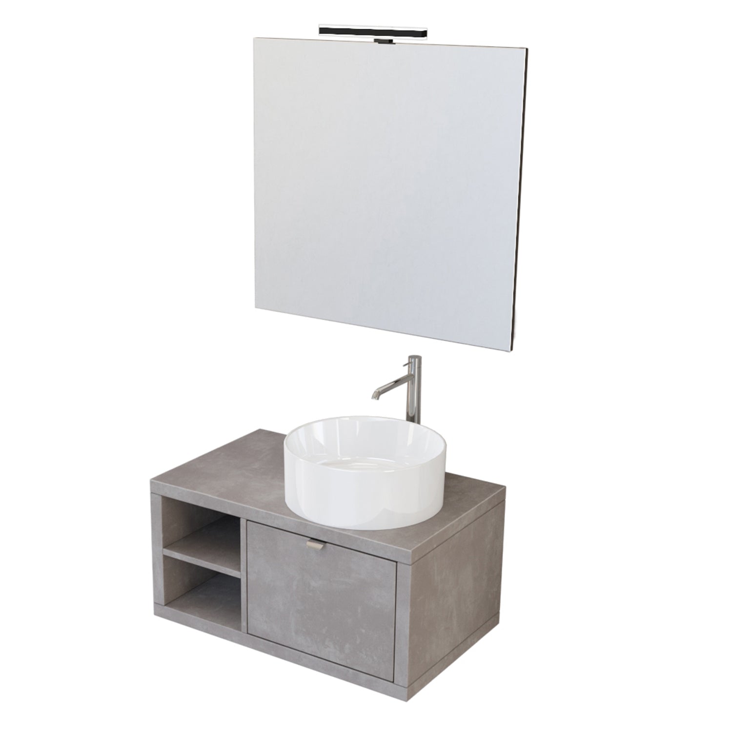 Composizione bagno sospesa Nyumba a 1 cassetto e vano a giorno con lavabo, specchio e lampada LED e pensile 80x40 cm grigio caldo