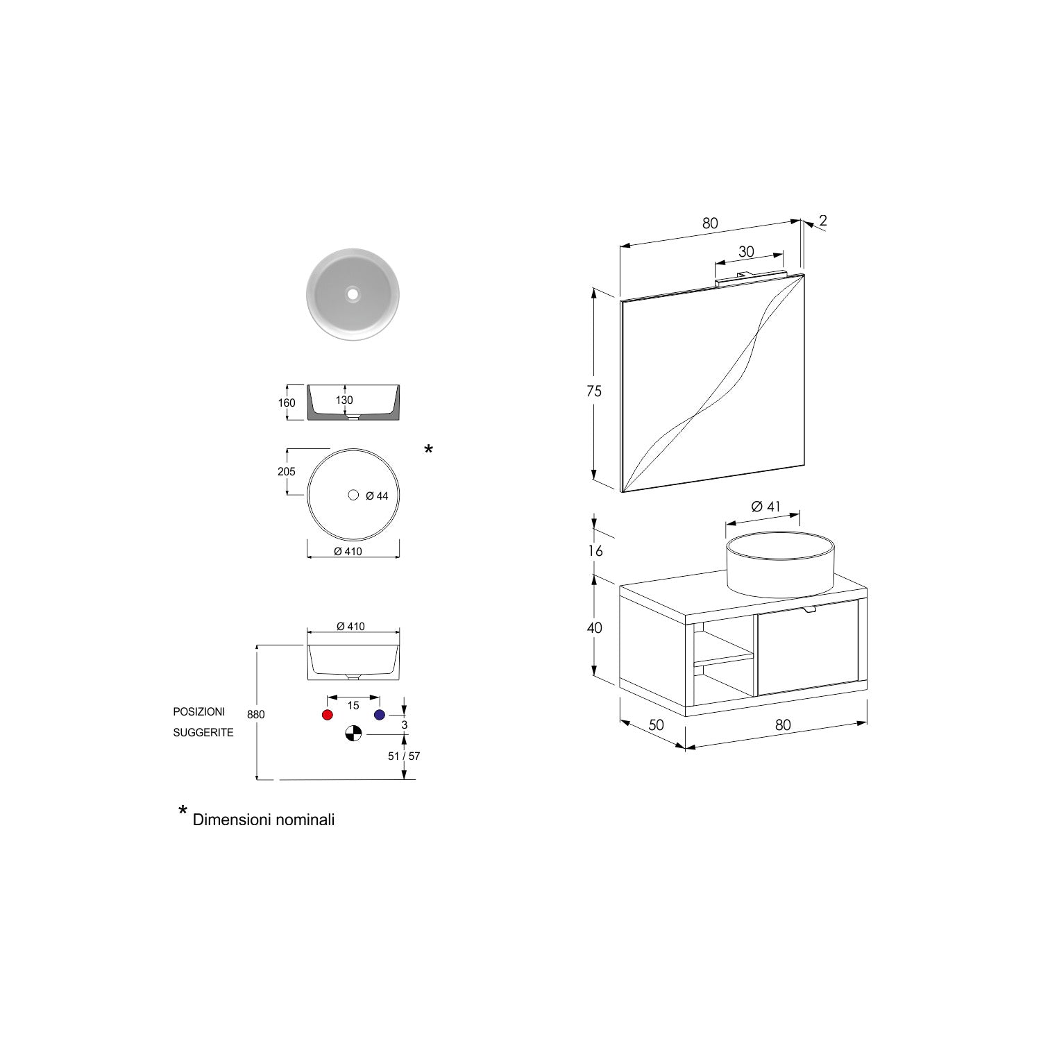 Composizione bagno sospesa Nyumba a 1 cassetto e vano a giorno con lavabo, specchio e lampada LED e pensile 80x40 cm grigio caldo