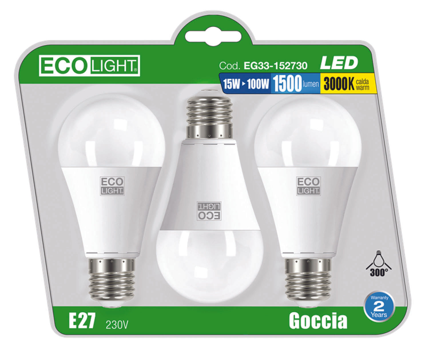 LAMPADINA ECOLIGHT LED A+ E27 GO15W C. CONF. 3 PEZZI