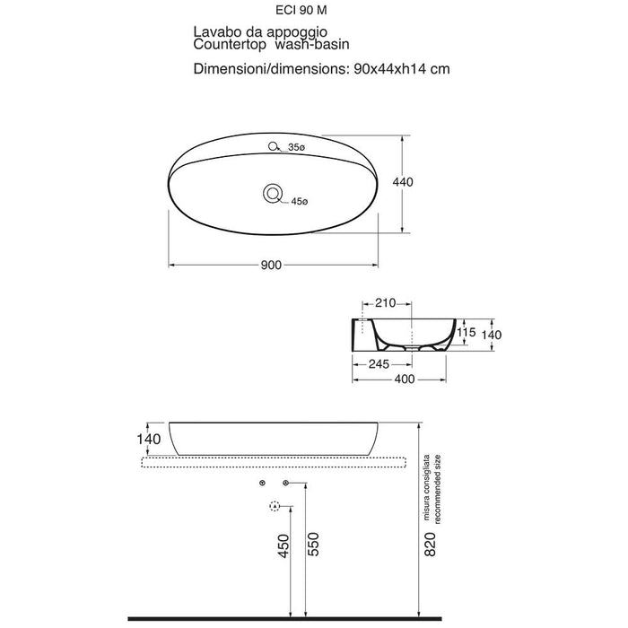 Lavabo da appoggio Ceramica Azzurra Elegance 90X44 con foro rubinetto