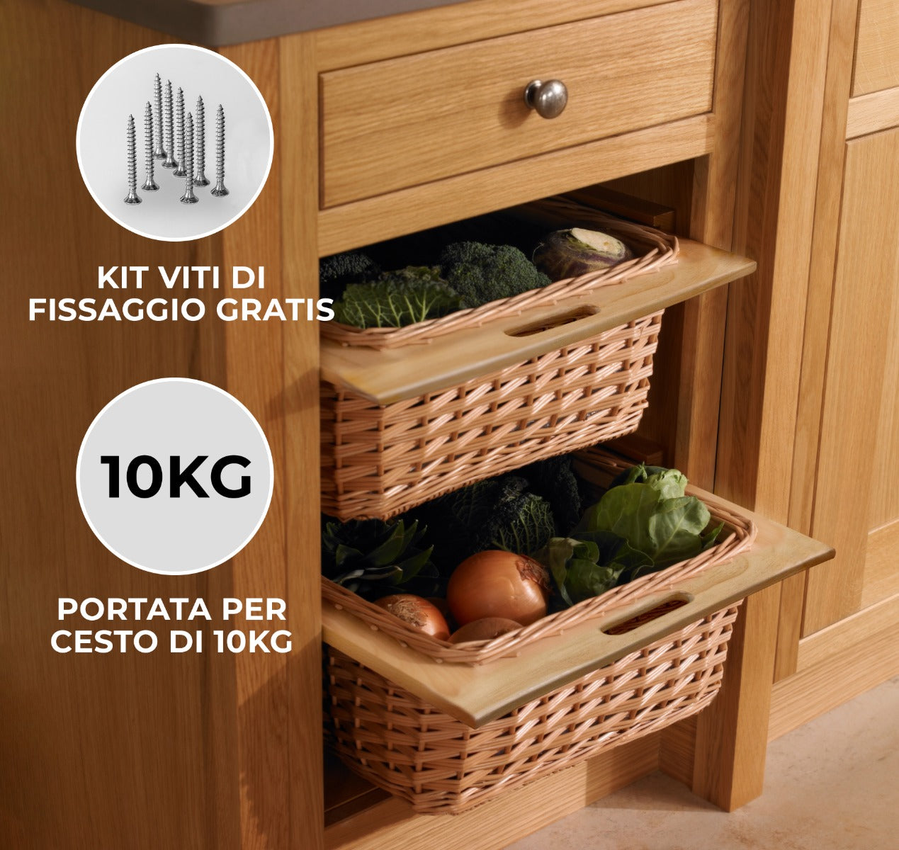 Cestelli Estraibili in Vimini per Cucina Credenza Cesto in Vimini con Telaio e Binari in Legno di Faggio per Dispensa da 40cm Organizza Unità 40 cm con Viti - 2 Cesti