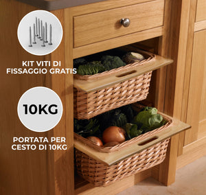 Cestelli Estraibili in Vimini per Cucina Cassetti Organizzazione Credenza Cesto in Vimini con Telaio e Binari in Legno di Faggio per Dispensa da 60cm Organizza Unità 60 cm con Viti GRATIS - 2 Cesti