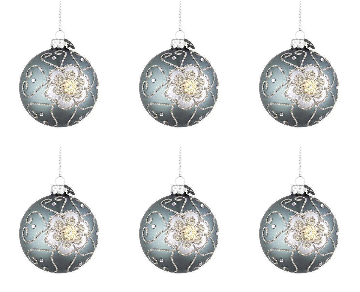 Palline di Natale in Vetro Blu Argento Fiore Eleganti Addobbi Albero Decorazioni Diametro: 80 mm