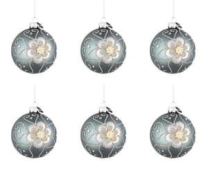 Palline di Natale in Vetro Blu Argento Fiore Eleganti Addobbi Albero Decorazioni Diametro: 80 mm