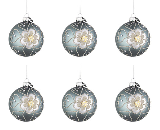 Palline di Natale in Vetro Blu Argento Fiore Eleganti Addobbi Albero Decorazioni Diametro: 80 mm