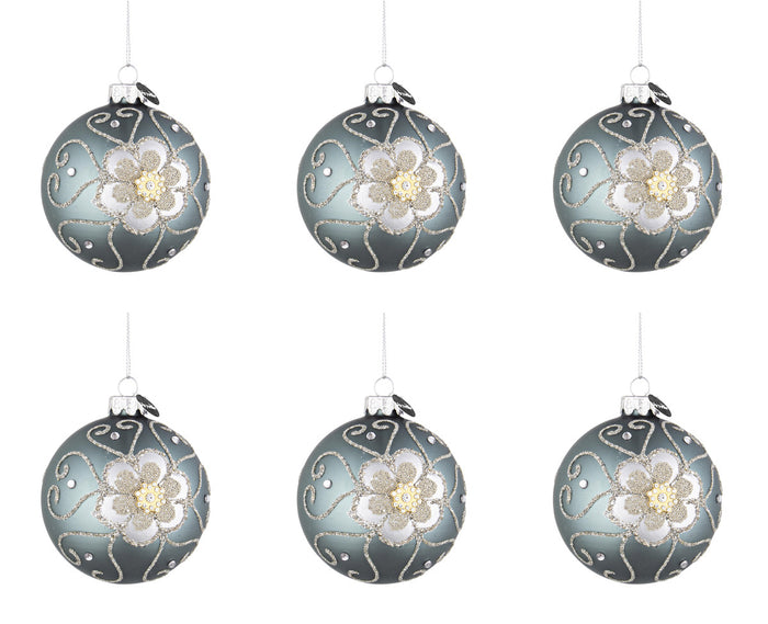 Palline di Natale in Vetro Blu Argento Fiore Eleganti Addobbi Albero Decorazioni Diametro: 80 mm