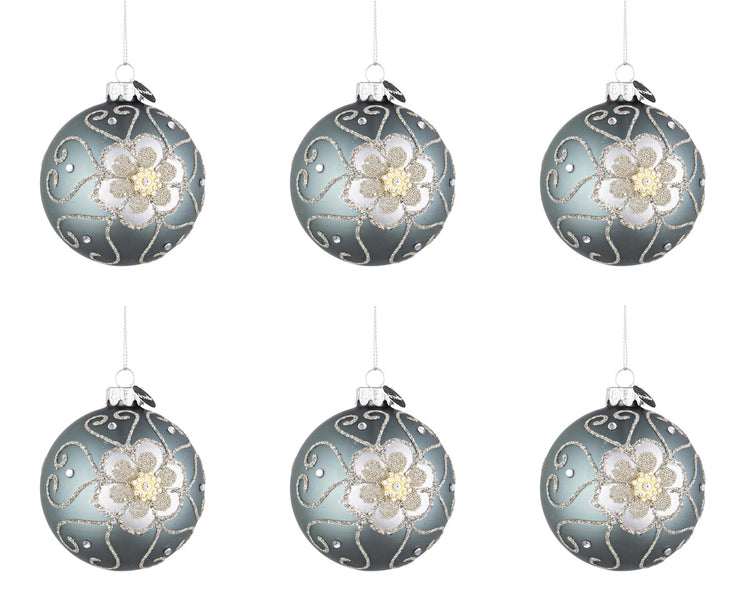 Palline di Natale in Vetro Blu Argento Fiore Eleganti Addobbi Albero Decorazioni Diametro: 80 mm