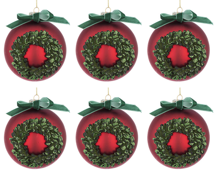 Palle di Natale in Vetro Rosso con Fiocco Verde Palline Addobbi per Albero Diametro: 80 mm