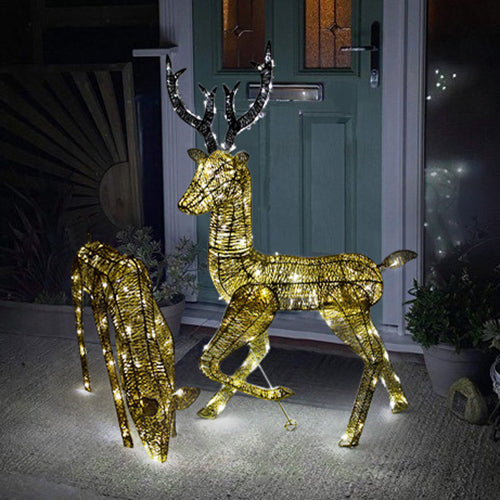 Renna di Natale Luminosa Decorazione da Esterno per la Casa Luci LED Bianco Ghiaccio Figura Luminosa Luci di Natale - Maschio & Femmina - Oro