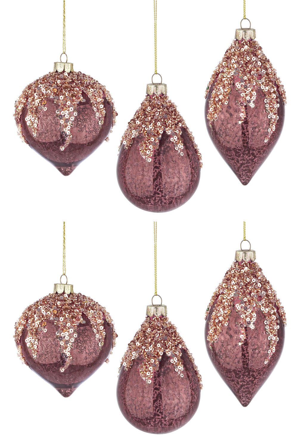 Pendagli Palline di Natale in Vetro Rosso Burgundi Paillettes Oro Addobbi Albero