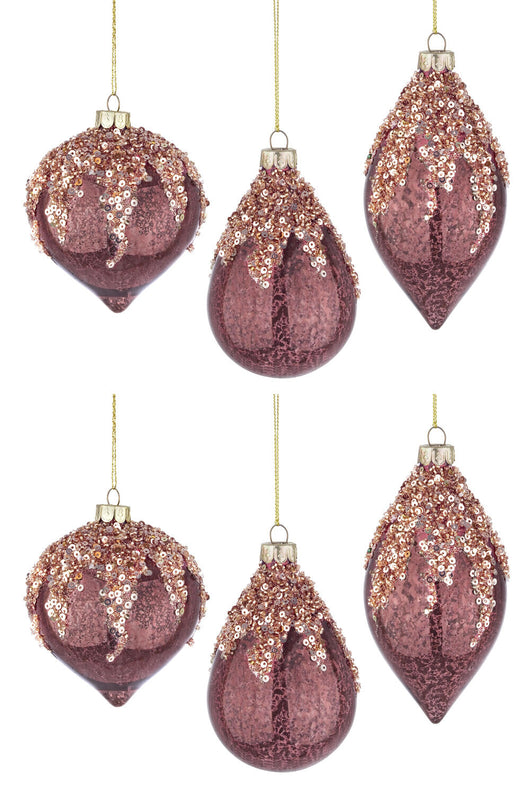 Pendagli Palline di Natale in Vetro Rosso Burgundi Paillettes Oro Addobbi Albero