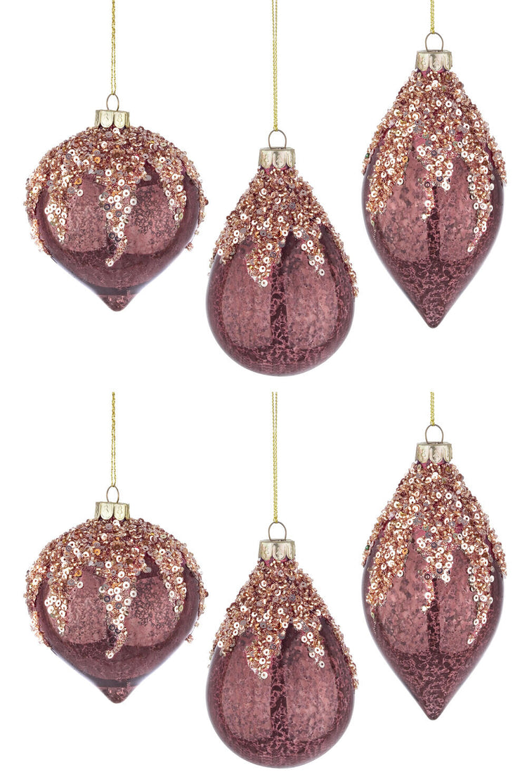 Pendagli Palline di Natale in Vetro Rosso Burgundi Paillettes Oro Addobbi Albero