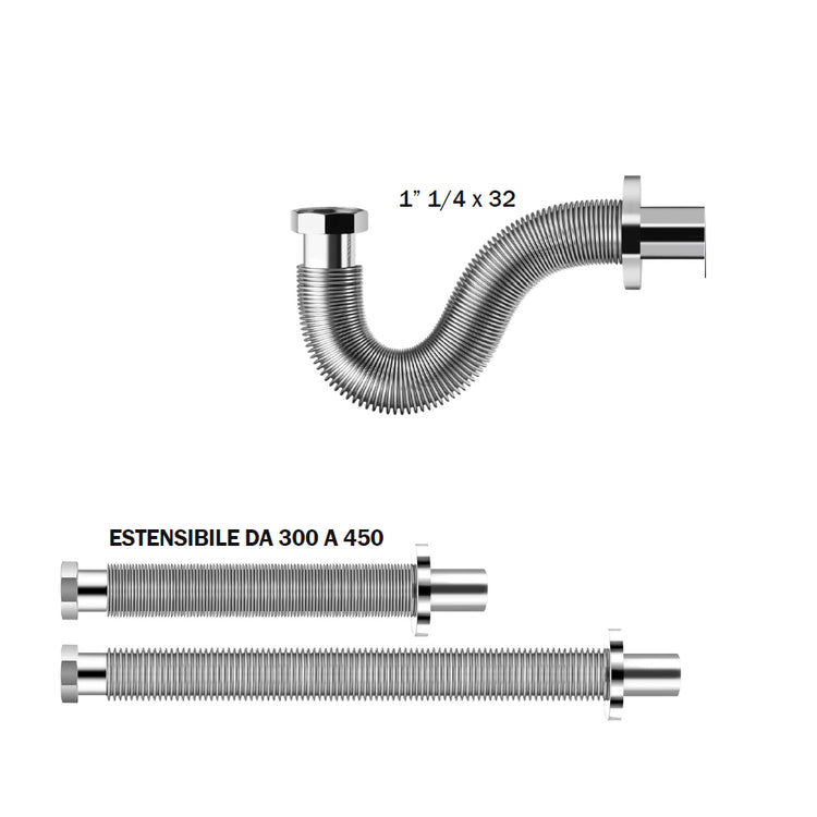 Sifone lavabo bidet o lavello estensibile e flessibile da cm 30 a 45 in acciaio inox