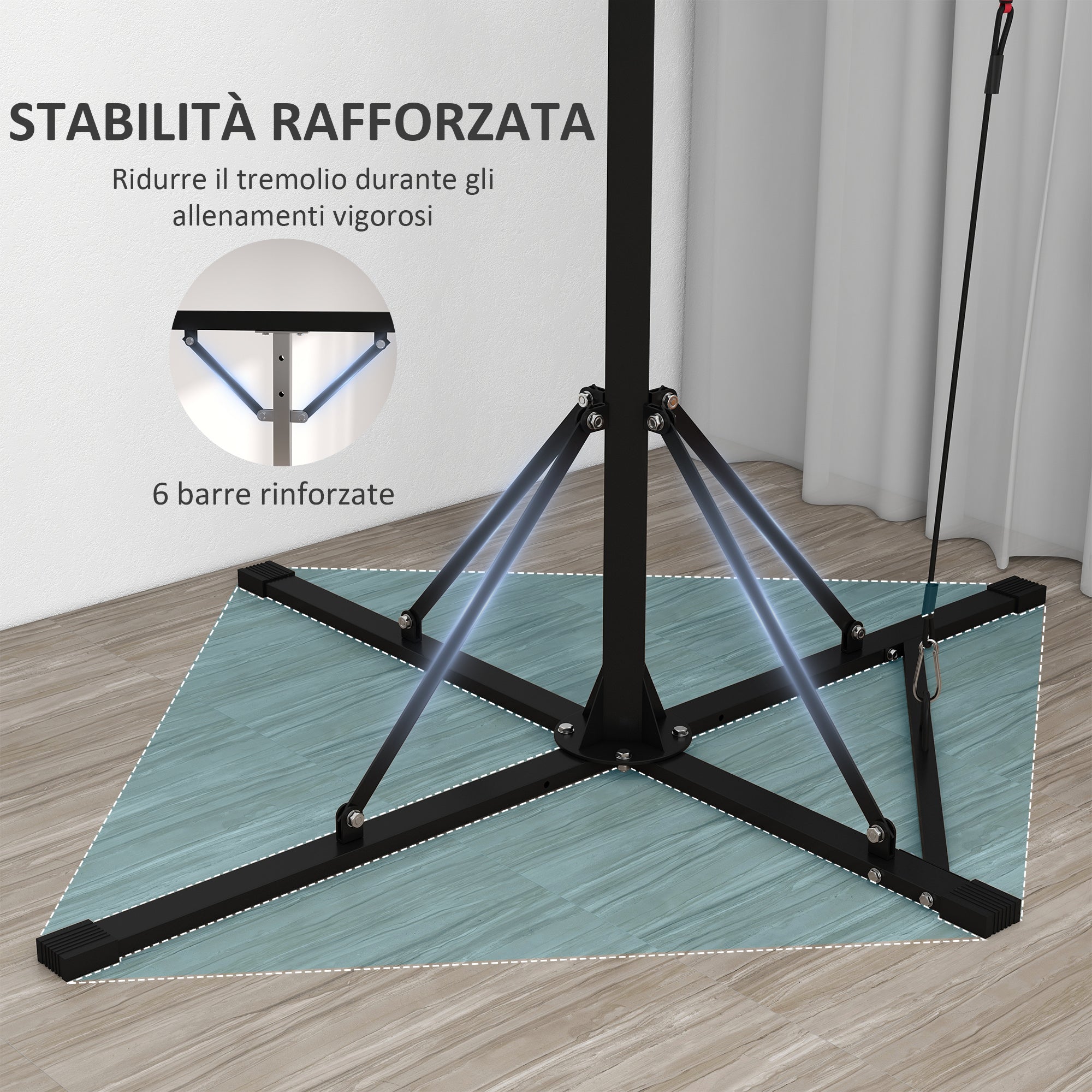 Supporto Sacco Boxe Altezza Regolabile 175-220 cm con 6 Barre di Rinforzo in Acciaio Nero