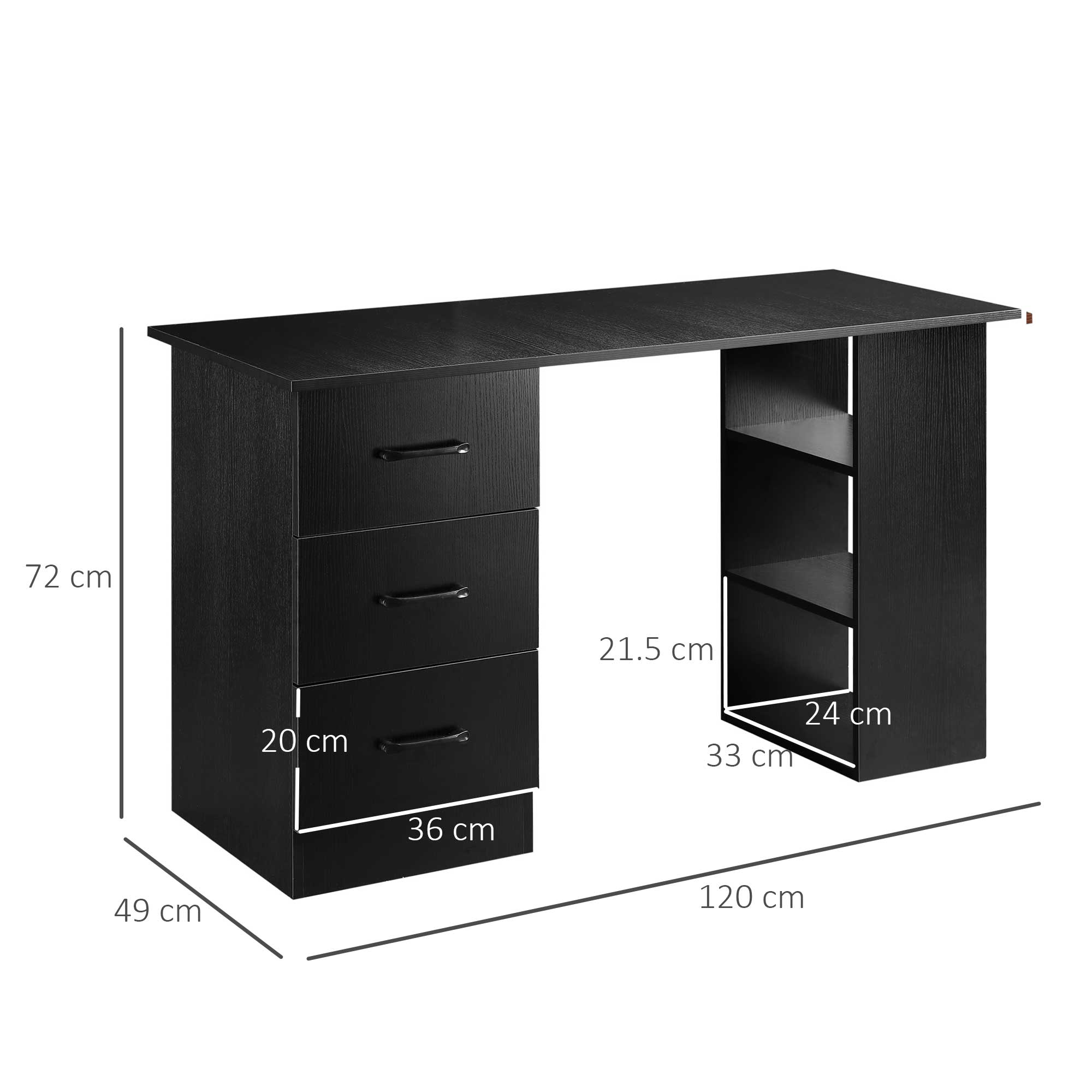 Scrivania Moderna con 3 Cassetti e 3 Ripiani per Camera e Ufficio 120x49x72 cm in Legno Nero