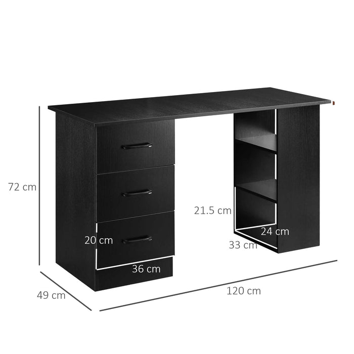 Scrivania Moderna con 3 Cassetti e 3 Ripiani per Camera e Ufficio 120x49x72 cm in Legno Nero