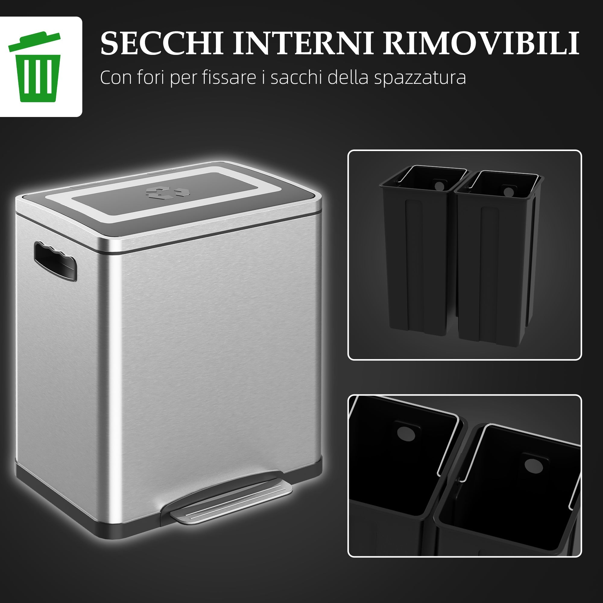 Pattumiera a Pedale 2 Sezioni 15L 40x34,8x47,5 cm in Acciaio Inox e PP